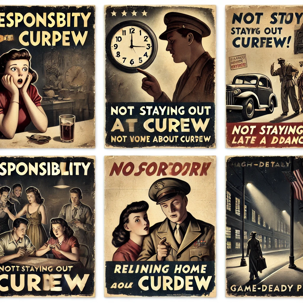 DALL·E 2025-04-25 19.00.32 - A collection of isolated 1940s World War II propaganda-style graphics designed for a video game, focused on themes of responsibility and not staying o