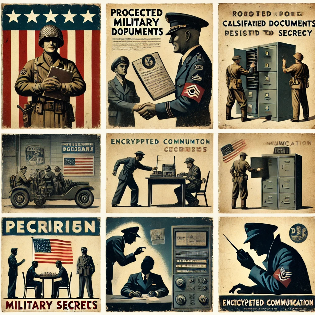 DALL·E 2025-04-25 19.02.11 - A collection of isolated 1940s World War II propaganda-style poster graphics designed for a video game, focused on military secrets and secrecy, witho